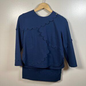 Akris Punto Scallop 2 Piece Top Skirt Size 6/8 Navy Blue Work Career Art to Wear